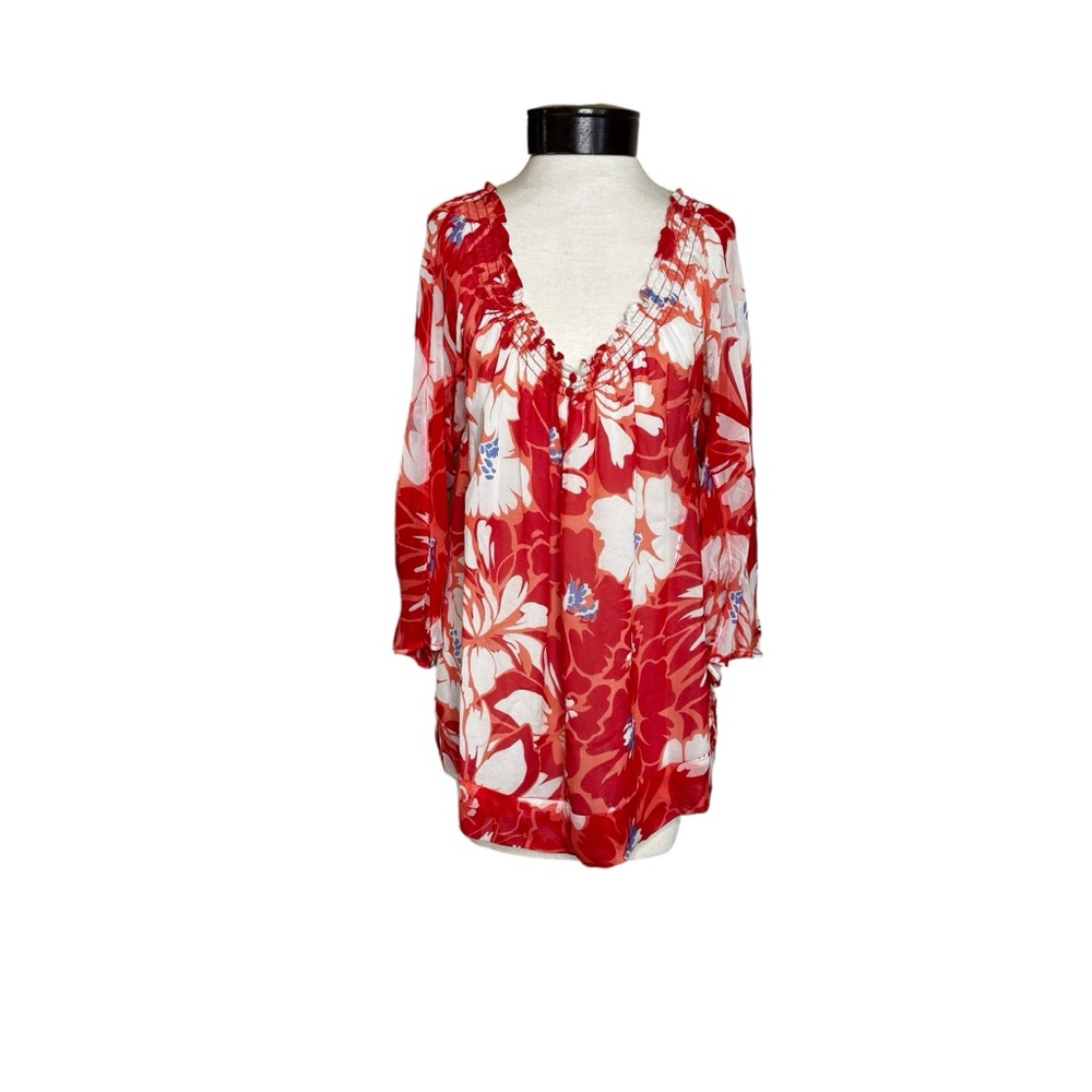 Diane von Fursterberg Red White Floral Silk Lined Off Shoulder Blouse size Large